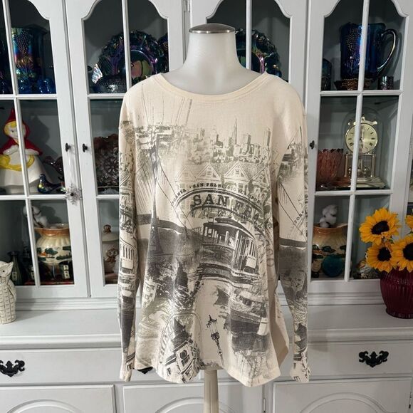 Sonoma Cream Cityscape San Francisco Top Size 1X Cotton - Picture 1 of 7